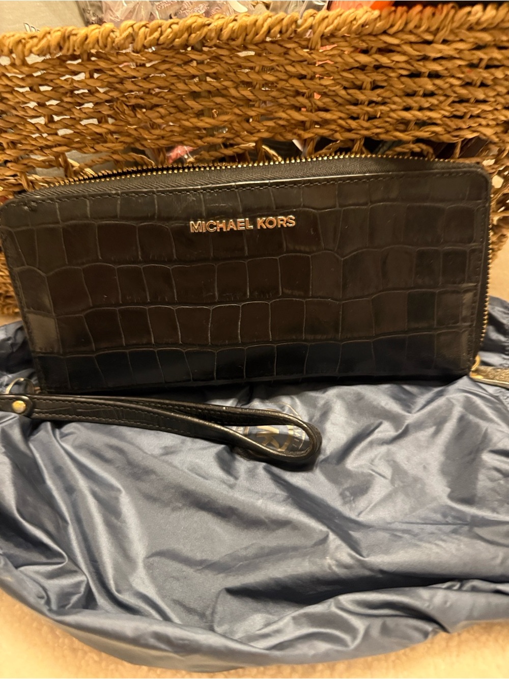 Michael Kors Black Croc-Embossed Leather Wristlet with Gold Logo